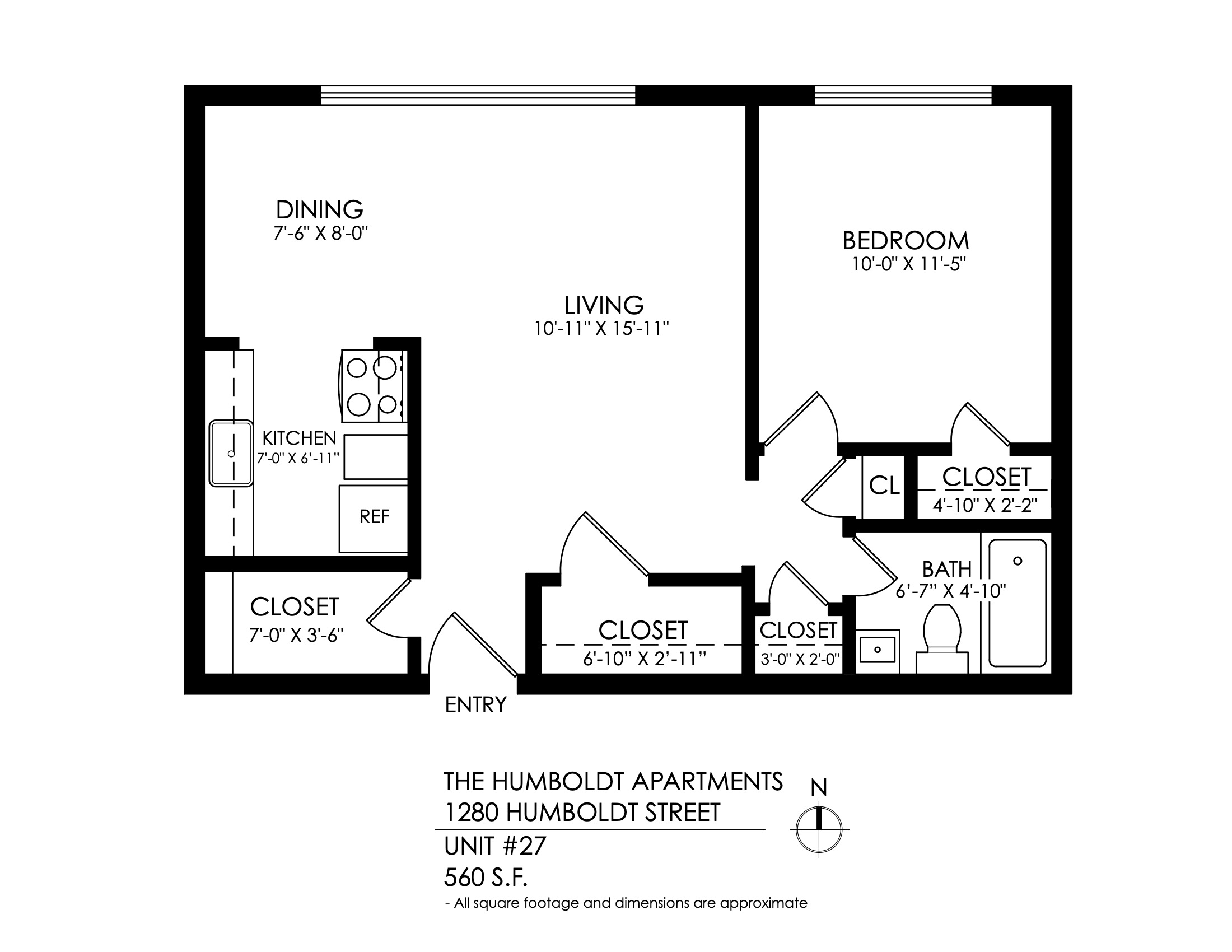 Floor plan for 1 bed, 1 bath, 690 sqft
